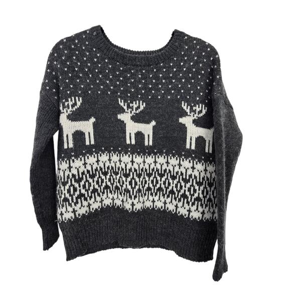 Ruby Moon Reindeer Fair Isle Wool Blend Sweater Womens SM Black White Winter - Picture 1 of 8